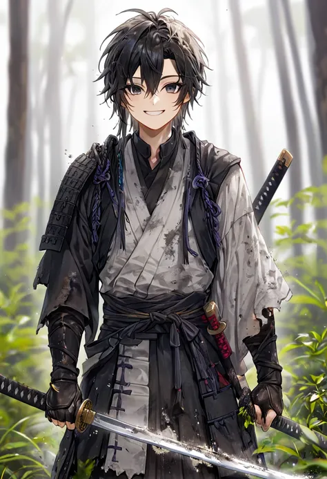 ronin, dirty, boy, two sword, black eyes, black samurai long unkempt hair, ragged body, gray- white torn clothes, smile, nature ...