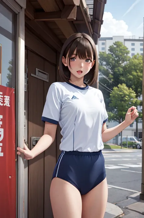 masterpiece, best quality, highres, aanene, short hair, buruma,gym uniform, standing, cowboy shot, outdoors, ahegao,nsfw,