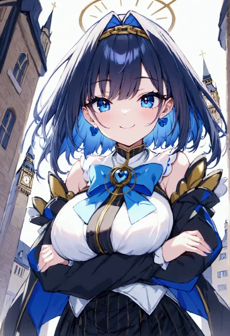 in_front_of_big_ben,smile,white_blouse,black_check_pattern_skirts,crossed_arms,black_hair,light_blue,eyes,beautiful_hair,beautif...