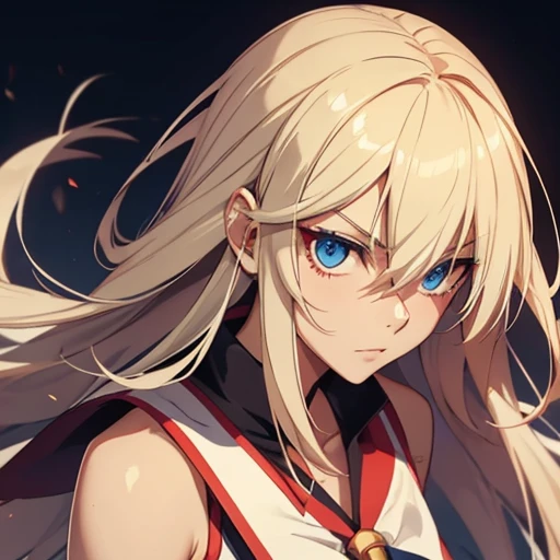 Ryuko is a woman with blue eyes and long blonde hair that is mostly combed back except for her bangs.