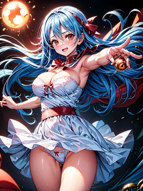 (An adult woman is shooting fireballs from the palm of her hand, Cast a spell, Windでスカートがめくれている, White panties with red ribbon:1:3), Beautiful Anime Woman, Beautiful art style, Anime characters, ((Smooth texture, Realistic texture, Anime CG Style)), ((High...