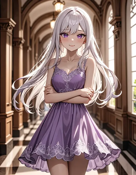 1 girl, short, slim, cute, purple eyes, very long hair, white hair, hair reaching ankles, sleep light purple dress, hallway, blu...