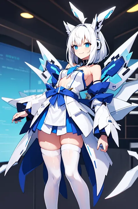 mecha wings、white and blue skirt、accentuated thighs、white tights、chest、beautiful black hair、1 girl、solo girl、thick thighs、is、fra...