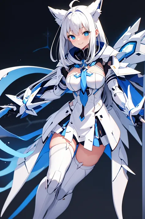 Mecha Wings、White and blue skirt、Accentuated thighs、White tights、chest、Beautiful black hair、1 girl、solo girl、Thick thighs、is、Frame Arms Girl、Alice Gere Aegis、White Armor、Blue and purple lines、income、headphone、hand on own chest、smile