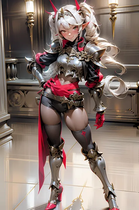 full body, def_effie, RED breastplate, RED skin, looking at viewer, shiny,armor, thighhighs, high boots,shoulder armor, faulds, poleyn, gloves, gauntlets, Rerebrace armored boots, pauldrons,(masterpiece, best quality, ultra-detailed, best shadow) yordle (1...