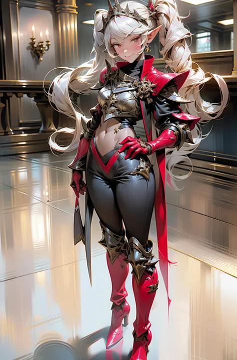 full body, def_effie, red breastplate, red skin, looking at viewer, shiny,armor, thighhighs, high boots,shoulder armor, faulds, ...