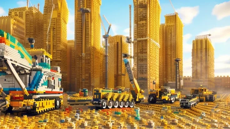 lego world, there are many construction equipment that are on the grass, construction, construction yard, construction site, gro...