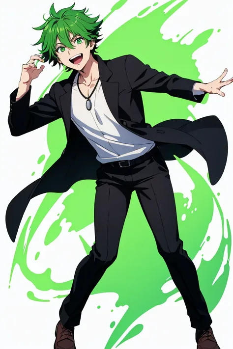 (artwork, best quality) a boy with bright green messy hair, bright green eyes, black jacket, no shirt, with a black necklace on his neck, laughing, black pants, white background, (full body)