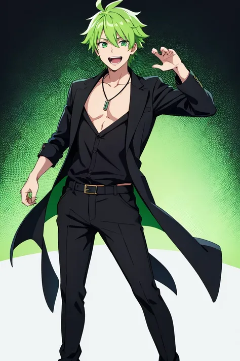 (artwork, best quality) a boy with bright green messy hair, bright green eyes, black jacket, no shirt, with a black necklace on his neck, laughing, black pants, white background, (full body)