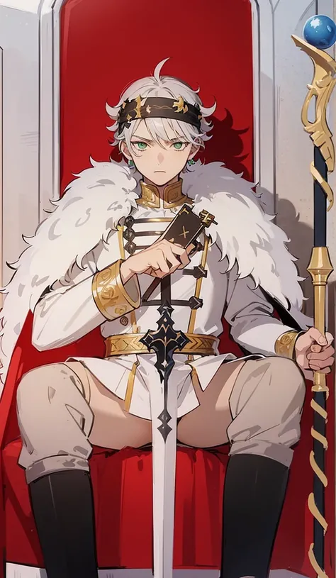 A 17 year old boy sits on the royal throne, the boy has gray hair, green eyes, a flat facial expression, his hair style is like the black clover anime character named Asta, In his hair is a black headband with a red lightning bolt on the left and a golden ...