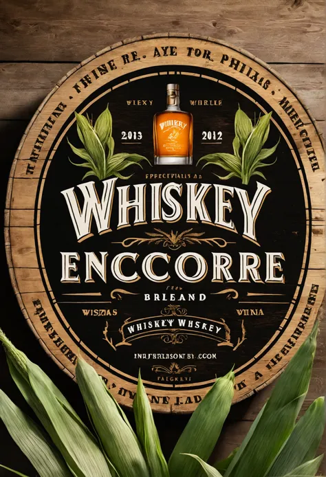 Design a logo for the Whiskey Encore brand. Including a leaking whisky barrel. Add corn plants as background.