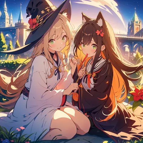 kawaii, anime, Cute, hyper quality, highly detailed, 8k, Front facing, Clarity, brown long hair, green eyes, smile, whole body, Cat ear, amaryllis, Close your eyes and smile with your mouth open, fly in the sky, good sisters, Cat ears stick out from the wi...