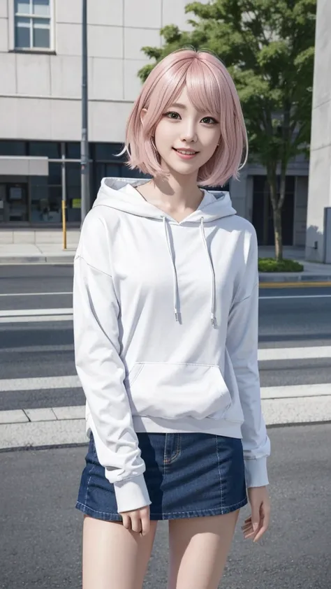 A woman with pink hair and a white hoodie, mini skirt、Anime realism style, Unreal 5. RPG Portrait, cgsociety portrait, Realistic art style, Smooth anime CG art, Photorealistic Anime Girl Rendering, Realistic anime 3D style, Loss Draw 1. 0, Realistic 3D ani...