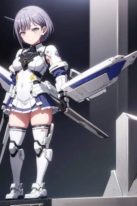 mecha wings、white and blue skirt、accentuated thighs、white tights、chest、beautiful grey hair、1 girl、solo girl、thick thighs、is、fram...