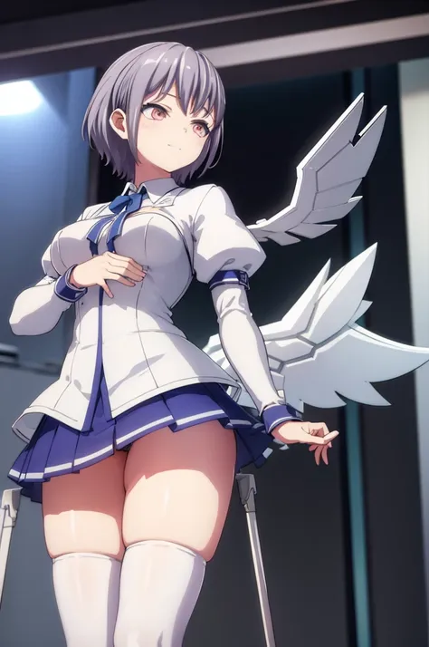 Mecha Wings、White and blue skirt、Accentuated thighs、White tights、chest、Beautiful grey hair、1 girl、solo girl、Thick thighs、is、Frame Arms Girl、Alice Gere Aegis、White Armor、Blue and purple lines、income、headphone、hand on own chest、smile