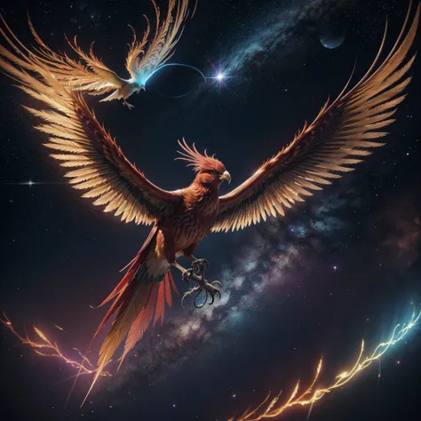 detailed 3d holographic phoenix bird, geometric red bird, galactic space background, cinematic lighting, volumetric lighting, intricate details, highly detailed, photorealistic, 8k, masterpiece, hyper detailed, extremely detailed, stunning visualization, a...