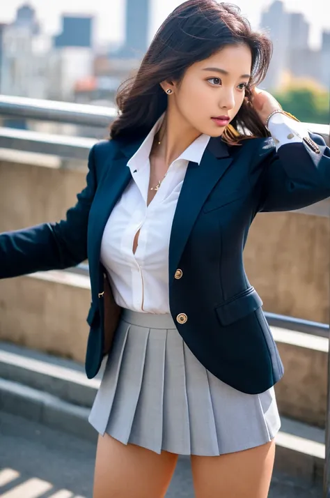 a 16 year old girl, she is the most beautiful actress in the world, the perfect body proportions of this girl, the blazer is appropriately buttoned up on the formal shirt above the short skirt thats hardly covering the panties between her bare legs, indire...