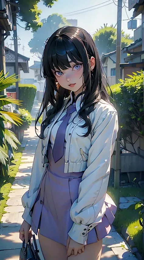 ((highest quality、masterpiece、shining eyes、detailed))、1 cute girl、beautiful face、pop background、beautiful anime、1girl、young girl、 solo、long hair、cute bangs、 、elegant、 looking at viewer、standing、Isometric light、、4k、city、beautiful trees、dawn sky、purple color...