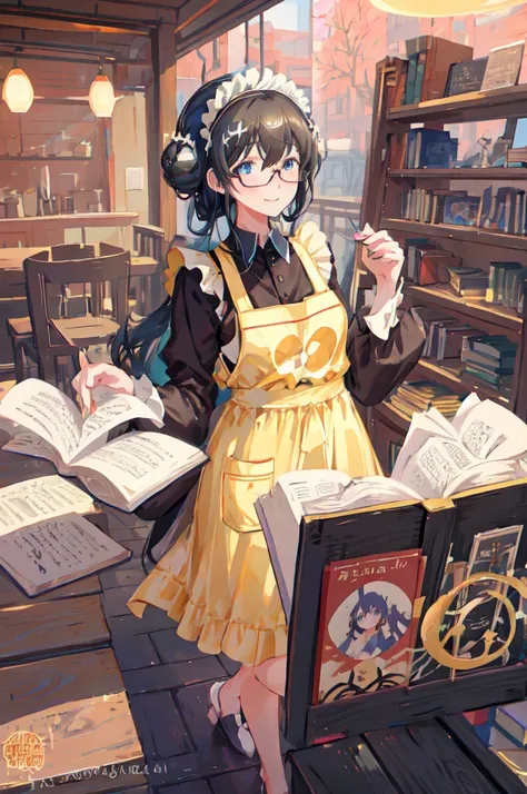 sagisawa fumika, one girl, glasses, maid, alone, bookshelf, blue eyes, black hair, alternative costumes, maid headdress, apron, ...