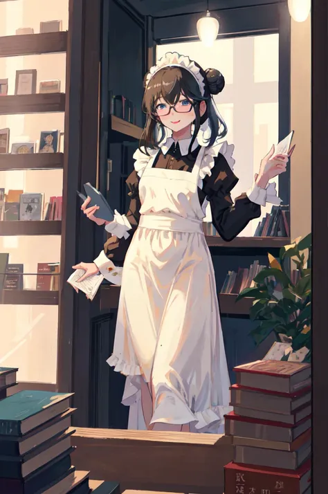 sagisawa fumika, One Girl, Glasses, Maid, alone, Bookshelf, blue eyes, Black Hair, Alternative costumes, Maid headdress, apron, enMaided, smile, Juliet Sleeve, dress, Long sleeve, Puff sleeves, Glassesをかけた, View your audience, Book, Maid apron, single Hair...