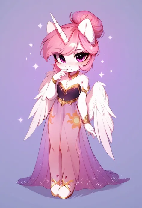 check_9, check_8_up, check_7_up, source_fluffy, rating_safe, from Magnaluna, Celestia poses seductively in a white bedroom, hair bun with bangs, pink eyes, white body, anthro, blushing, wearing purple see through dress, full body