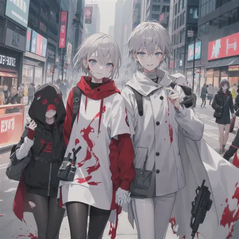 Outlook, Cute Smile, Strange Perspective, Red sweater，（ change）Moderate, Separate Color，bs shoulder, Blushed，(Gray Hair), White Gloves，White boots，dirty，Torn clothes，Clothing that shows blood:1.3),, Tearing the cloak, tear pantyhose ，Cyberpunk Streetwear，i...