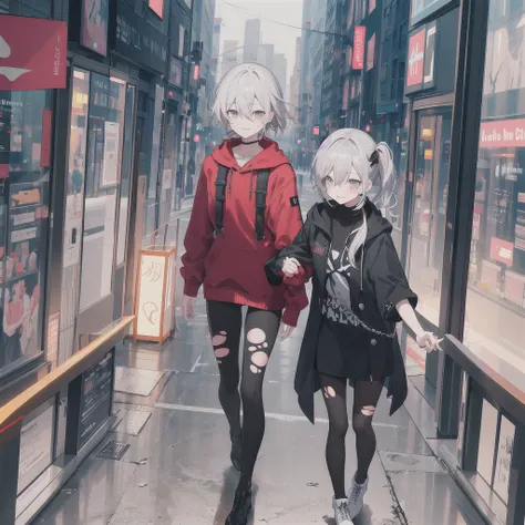 Outlook, Cute Smile, Strange Perspective, Red sweater，（ change）Moderate, Separate Color，bs shoulder, Blushed，(Gray Hair), White Gloves，White boots，dirty，Torn clothes，Clothing that shows blood:1.3),, Tearing the cloak, tear pantyhose ，Cyberpunk Streetwear，i...