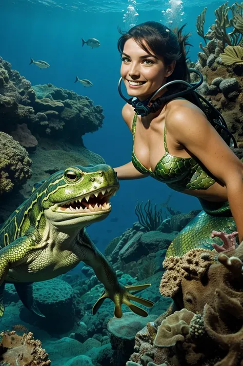 A diver seeing a mermaid with an amphibian appearance and sharp teeth and reptilian eyes 