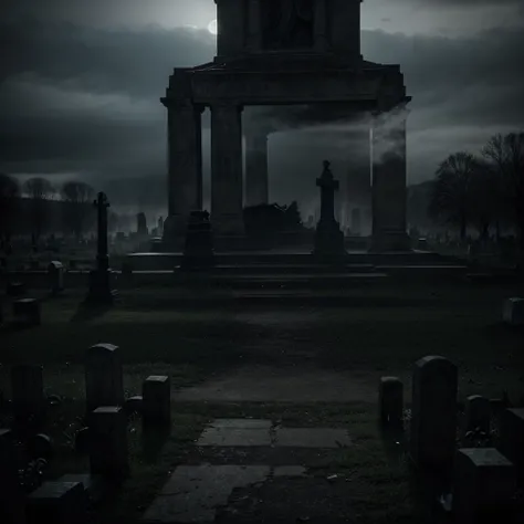 a dark, gloomy cemetery, a lone figure standing among the tombstones, (best quality,4k,8k,highres,masterpiece:1.2),ultra-detailed,(realistic,photorealistic,photo-realistic:1.37),HDR,UHD,studio lighting,extreme detail description,professional,vivid colors,d...