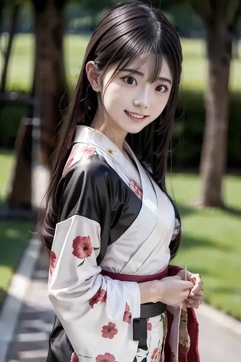 遥-haruka, girl in red floral yukata robe, wave at the camera, (8k, top quality, high definition, the best masterpiece, no light,...