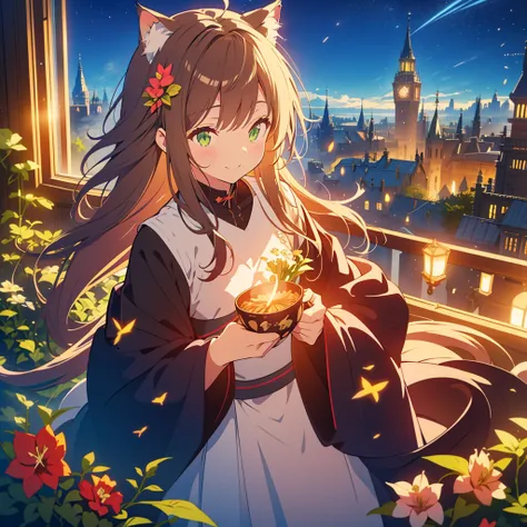 kawaii, anime, Cute, hyper quality, highly detailed, 8k, Front facing, Clarity, brown long hair, green eyes, smile, whole body, Cat ear, amaryllis, Close your eyes and smile with your mouth open, fly in the sky, good sisters, Cat ears stick out from the wi...