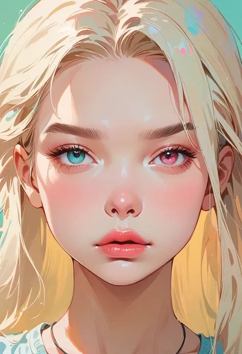 (masterpiece, best quality:1.2), 1 girl, solitary，Anime style, Heterochromia, Frowning, lips pink, nervous，Lips tightly closed, Long blond hair, One side long sideburns, Cyan background.