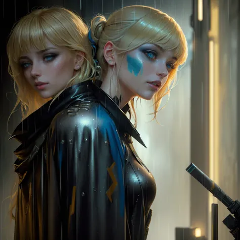 blond haired woman with blue eyes and makeup in rain, imogen poots as a holy warrior, beauty blade runner woman, feral languid emma roberts, cyberpunk makeup, blade runner vibes, imogen poots as holy paladin, molly from neuromancer, blade runner film style...