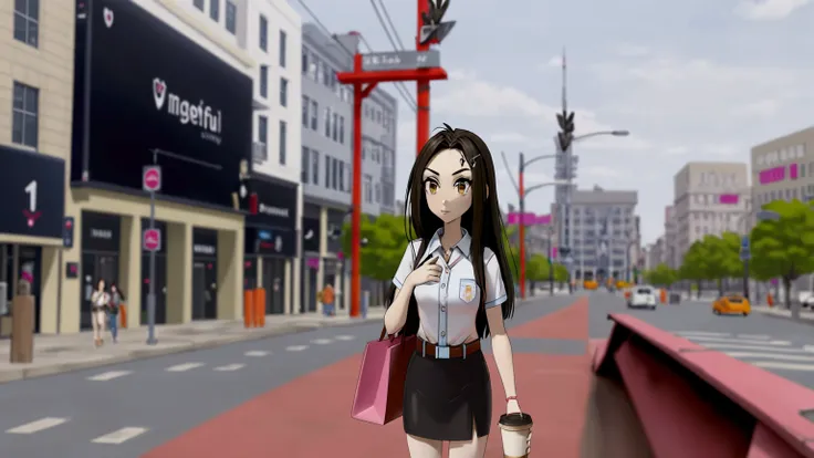 realistic anime illustration of a pretty college girl hangout around city downtown, walking around downtown, holding a cup of iced coffee, carrying pink tote bag, wearing uniform (white short sleeve shirt, collared shirt, black pencil mini skirt with belt,...