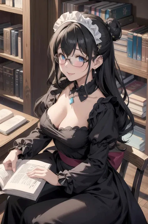 sagisawa fumika, One Girl, Glasses, Maid, alone, Bookshelf, blue eyes, Black Hair, Alternative costumes, Maid headdress, apron, enMaided, smile, Juliet Sleeve, dress, Long sleeve, Puff sleeves, Glassesをかけた, View your audience, Book, Maid apron, single Hair...