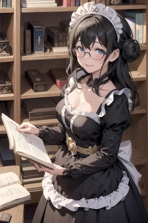 sagisawa fumika, one girl, glasses, maid, alone, bookshelf, blue eyes, black hair, alternative costumes, maid headdress, apron, ...