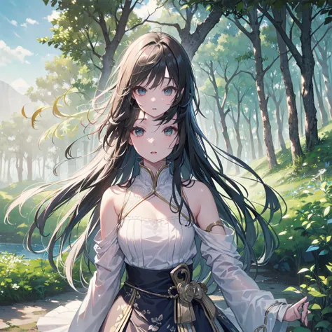 (Highest quality、masterpiece、High resolution、8k)、Vibrant colors、1 female、Long black hair、whole body、barefoot、thin、(Detailed face、Beautiful Eyes、Beautiful Nose、Pretty lips)、A woman in a white dress jumps high、Official Art、blue sky、Wide sandy beach、Wide fore...