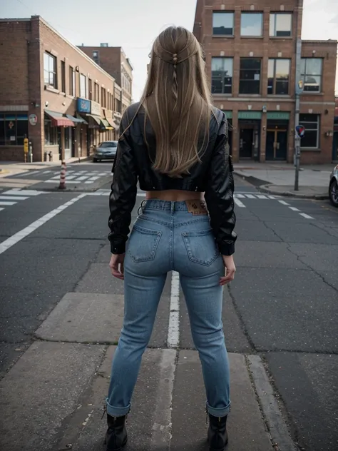 Satin pants ,photorealistic、Live-action version、satin riders jacket、distressed denim、satin pants、long legs、boots、tattoo、accessories、blonde hair、light brown hair、sunglasses、brick building、Warehouse district、hall々walk with、lined up、woman with bad attitude、gr...