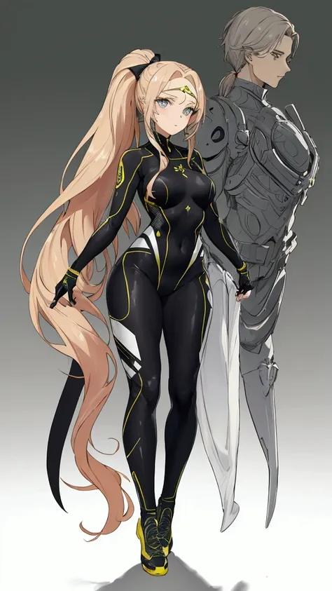 The character has light hair tied in a high ponytail., with loose strands in the front that fall on her forehead like bangs.

As for the suit, it is a full body tight jumpsuit, with a design that appears to be for combat or training. The suit has long slee...