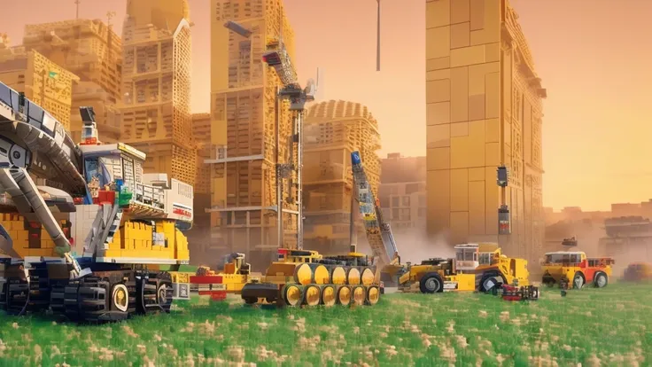 lego, peças de lego, lego contruções, there are many construction equipment that are on the grass, construction, construction ya...