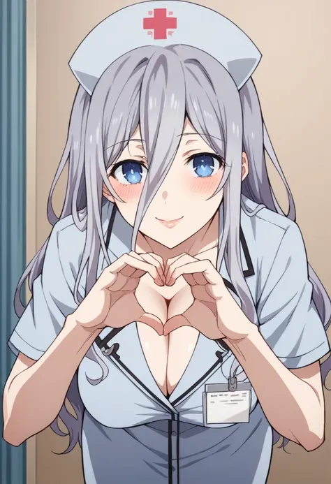 Score_9, Score_8_up, Score_7_up, source_anime BREAK 1girl, cowboy photo, looking at viewer, reinemurasame, reineMurasame, long hair, blue eyes, gray hair, hair between the eyes, big breasts, sides, hat, nurses cap, nurse, indoors, hospital, lips, smile, sa...