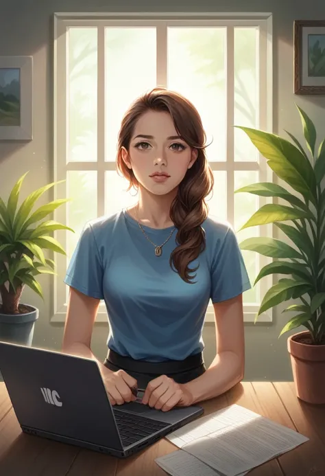 a young woman working on a laptop, home office setting, intricate details, photorealistic, cinematic lighting, natural colors, warm tones, detailed face, elegant hairstyle, casual outfit, focused expression, cozy atmosphere, clean desk, potted plants, warm...