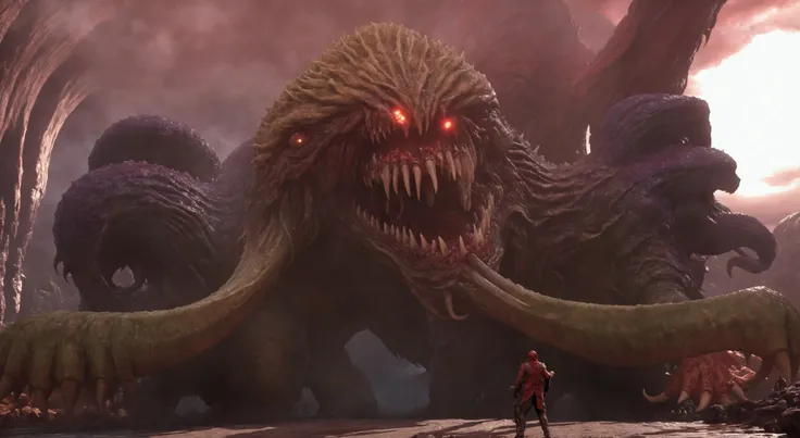 there is a giant monster with a man standing in front of it, gaping maw, big titan creature in the center, detailed hot maw, a creature 5 meters tall, detailed maw, you looking into the maw, huge creature, ilithid, mantis head monster god temple, cacodemon...