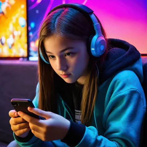 teen, playing mobile game, view from a little further, her rom is adapted for gamers