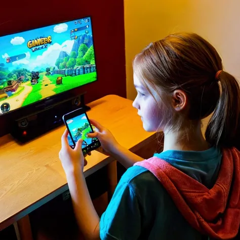 teen, playing mobile game, view from a little further, her rom is adapted for gamers