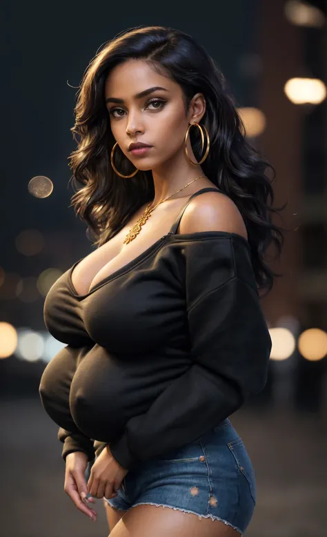 (masterpiece), (extremely intricate:1.3), (realistic), portrait of a black girl, huge and perfect breasts, heaving bosom, the most beautiful in the world, dark eyebrows, wavy brunette hair, doe eyes, innocent look, (wearing sweatshirt:1.1), detailed textur...