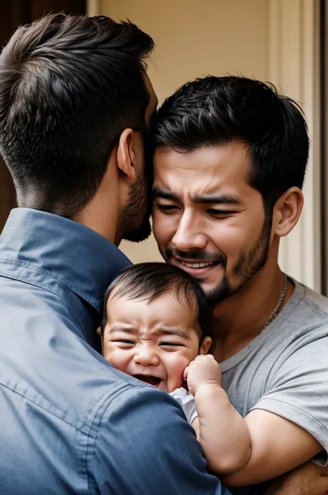 A man cry with his baby but buby see happy 