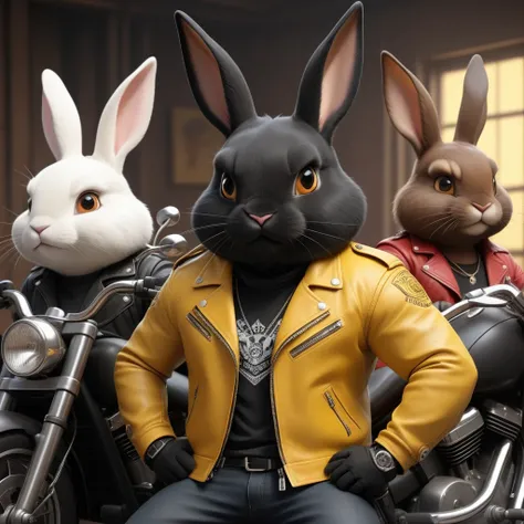 cartoon of (a tough rebel black golden bunny dressed as a gang of golden bikers, yellow leather jacket, Mohican:2.5), looking ahead at viewer, Symmetrical, chromatic fantasy, highy detailed, 8k, digitalpainting, oil painting, illustration, conceptual artwo...