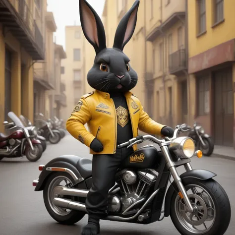 cartoon of (a tough rebel black golden bunny dressed as a gang of golden bikers, yellow leather jacket, Mohican:2.5), looking ahead at viewer, Symmetrical, chromatic fantasy, highy detailed, 8k, digitalpainting, oil painting, illustration, conceptual artwo...