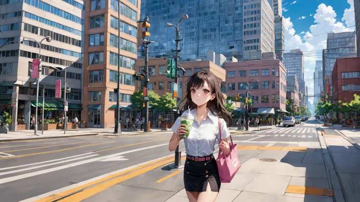 realistic anime illustration of a pretty college girl hangout around city downtown, walking around downtown, holding a cup of iced matcha latte, carrying pink tote bag, wearing uniform (white short sleeve shirt, collared shirt, black pencil mini skirt with...